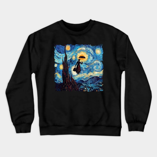 Girl with an Umbrella starry night Crewneck Sweatshirt by Dezigner007